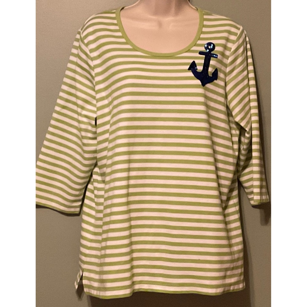 Quacker Factory Top Womens Large L Bright Green/Navy Sequin Anchor Elbow Sleeves